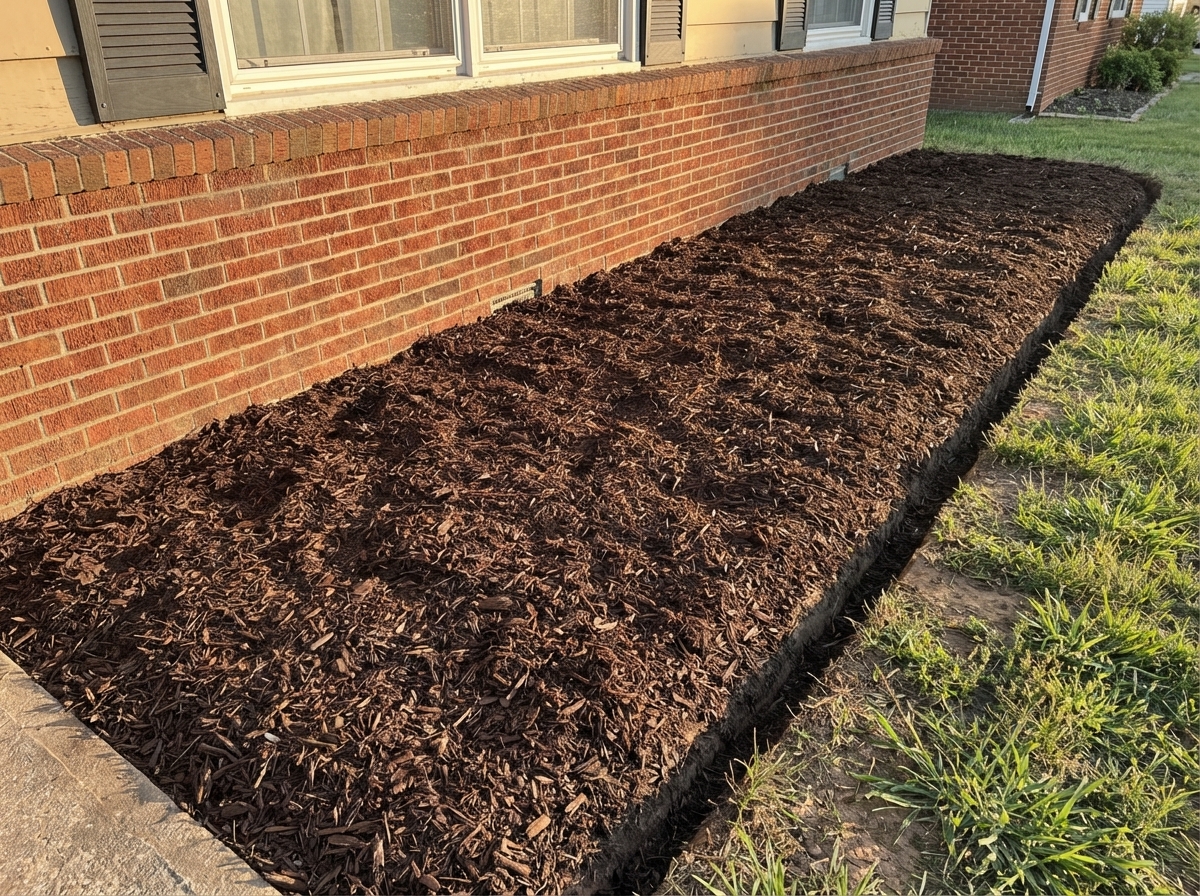 Fresh dark mulch with clean edges along brick foundation