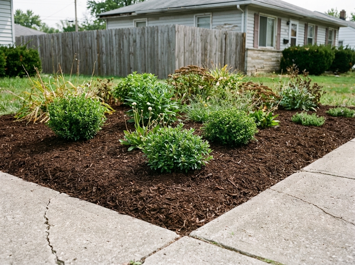 Clean mulched bed with healthy shrubs
