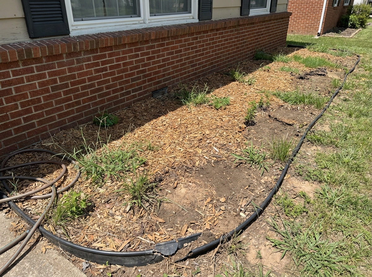 Neglected foundation bed with faded mulch and weeds