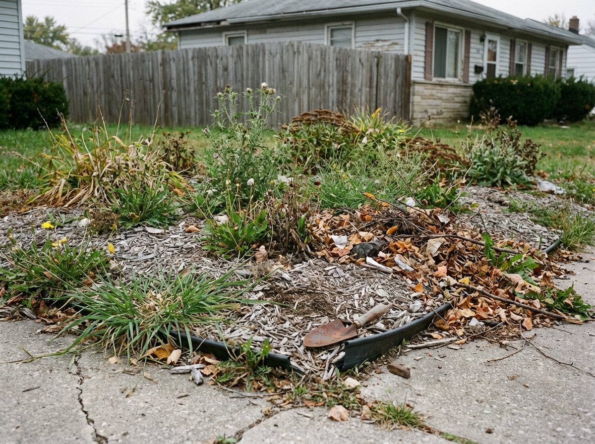 Overgrown front yard bed with weeds and debris