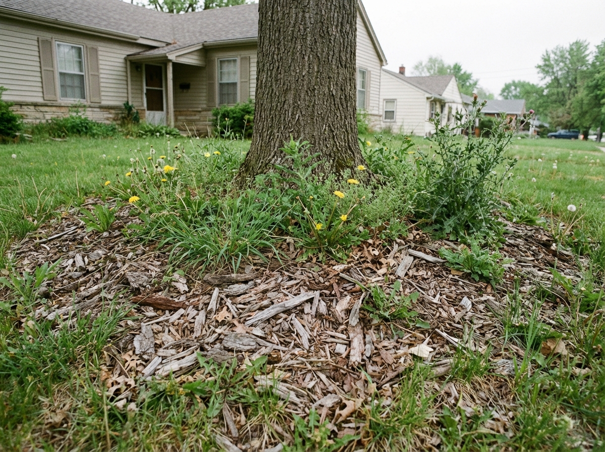 Weedy tree base with old gray mulch
